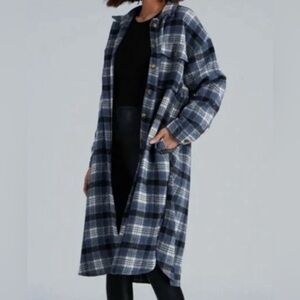 Women’s wool blend longline plaid blue shacket chore coat grunge button up M
